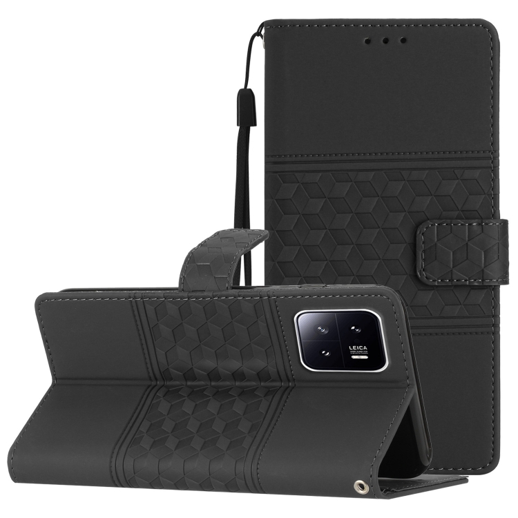 

For Xiaomi 13 Diamond Embossed Skin Feel Leather Phone Case with Lanyard(Black)