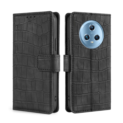

For Honor Magic5 Skin Feel Crocodile Magnetic Clasp Leather Phone Case(Black)