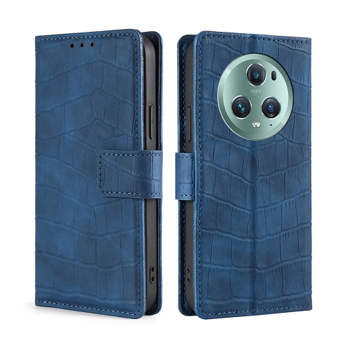 

For Honor Magic5 Pro Skin Feel Crocodile Magnetic Clasp Leather Phone Case(Blue)