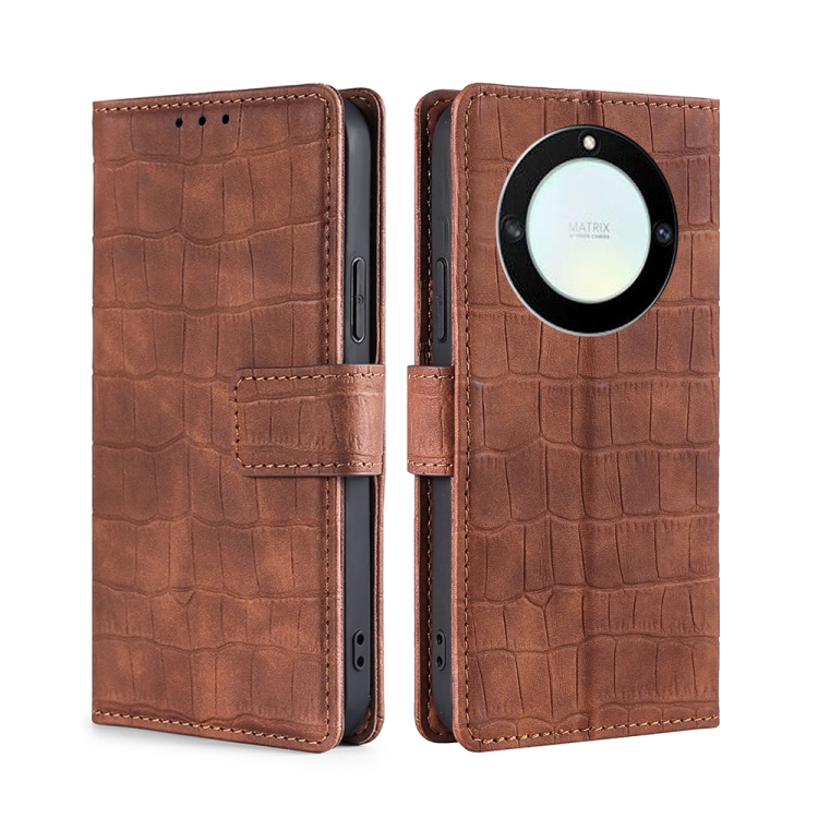 

For Honor X40 Skin Feel Crocodile Magnetic Clasp Leather Phone Case(Brown)
