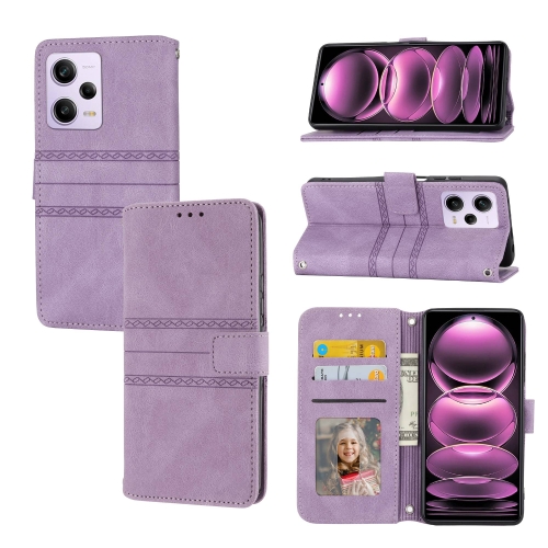 

For Redmi Note 12 Pro+ 5G Global Embossed Stripes Skin Feel Leather Phone Case(Light Purple)