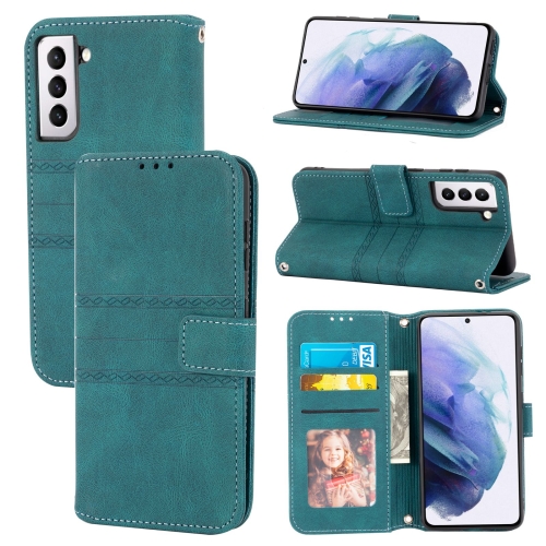 

For Samsung Galaxy S23+ 5G Embossed Stripes Skin Feel Leather Phone Case(Dark Green)