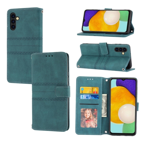 

For Samsung Galaxy A34 5G Embossed Stripes Skin Feel Leather Phone Case(Dark Green)