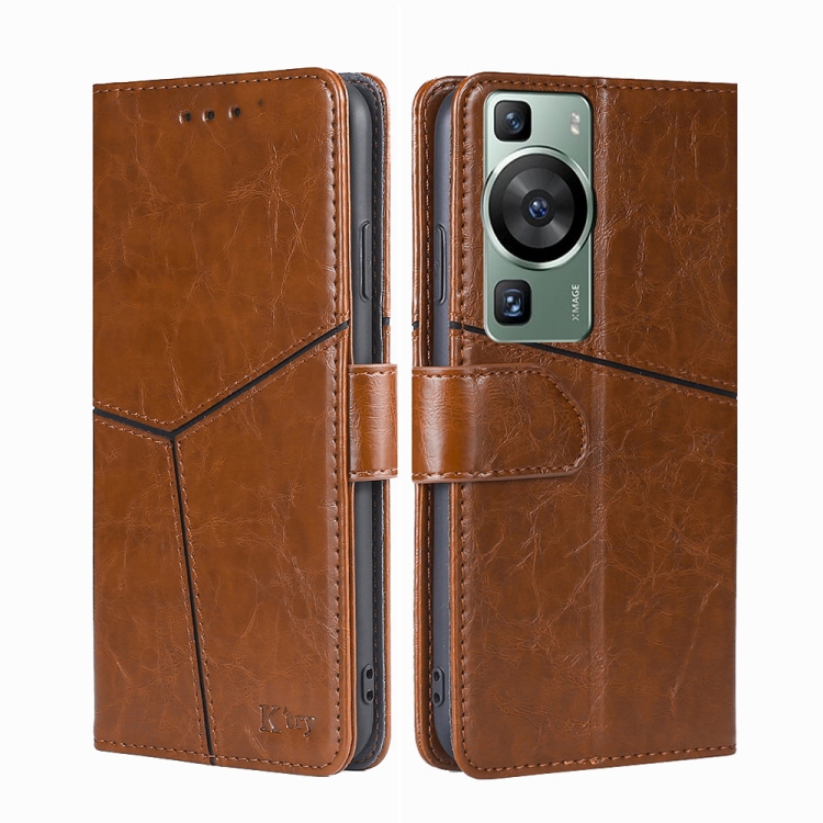 

For Huawei P60 / P60 Pro Geometric Stitching Flip Leather Phone Case(Light Brown)