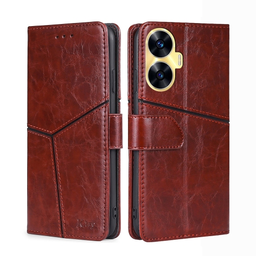 

For Realme C55 4G Geometric Stitching Flip Leather Phone Case(Dark Brown)