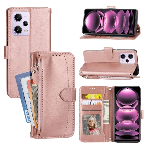 

For Redmi Note 12 5G Global Oil Skin Zipper Wallet Leather Phone Case(Rose Gold)