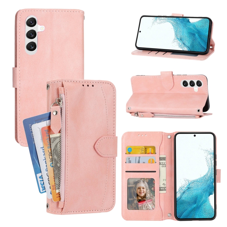 

For Samsung Galaxy A14 5G Oil Skin Zipper Wallet Leather Phone Case(Pink)