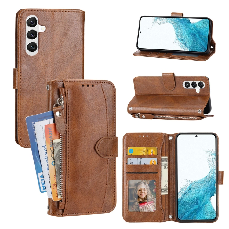 

For Samsung Galaxy A34 5G Oil Skin Zipper Wallet Leather Phone Case(Brown)