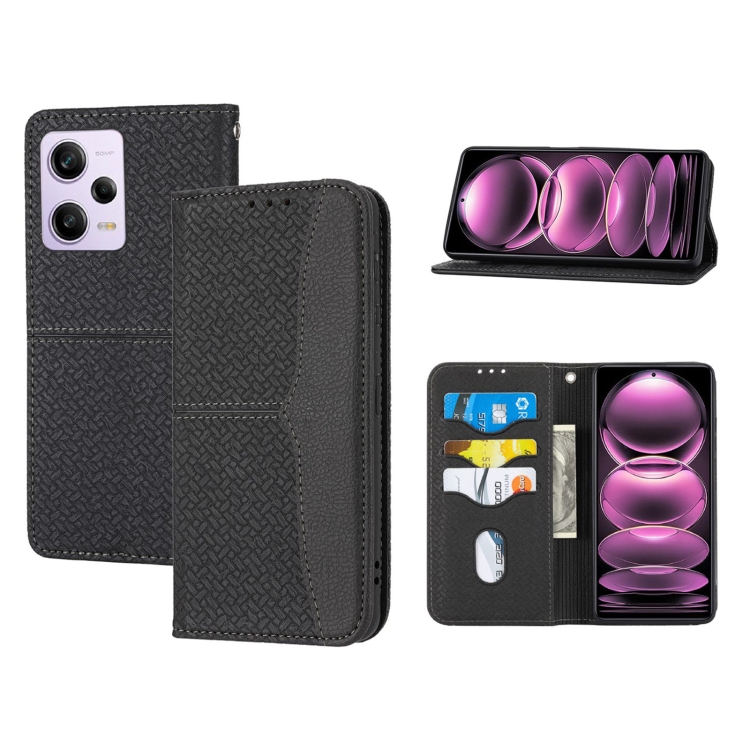 

For Redmi Note 12 4G Global Woven Texture Stitching Magnetic Leather Phone Case(Black)