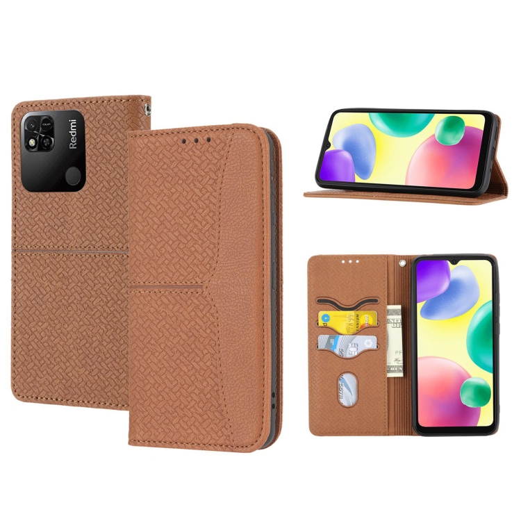 

For Xiaomi Redmi 12C Woven Texture Stitching Magnetic Leather Phone Case(Brown)
