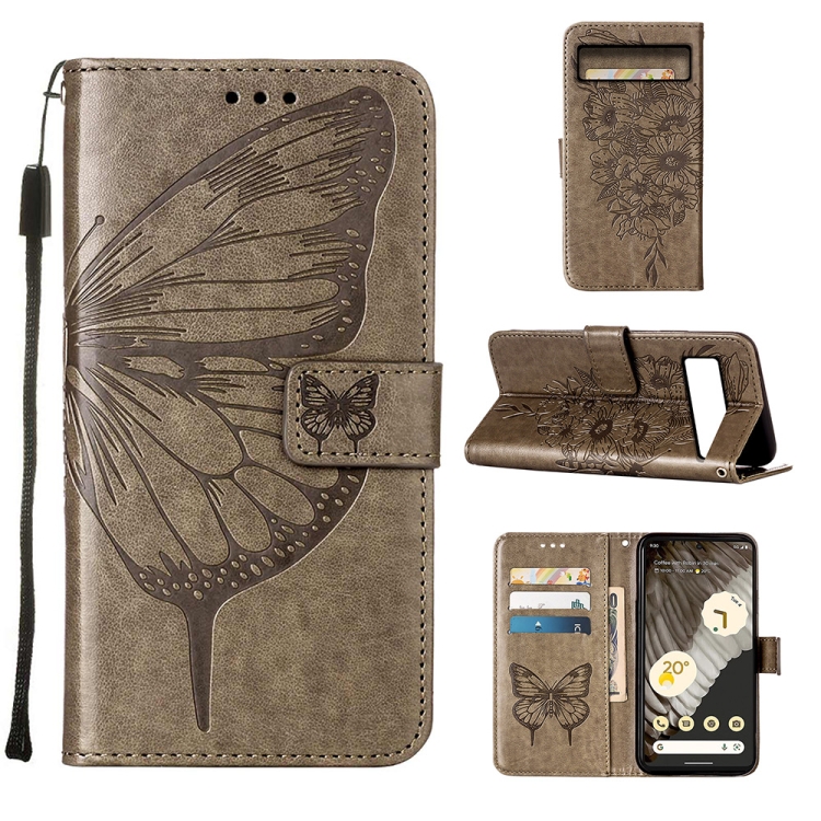 

For Google Pixel 8 Pro Embossed Butterfly Leather Phone Case(Grey)