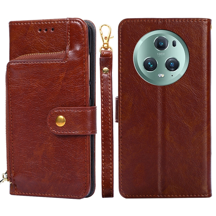 

For Honor Magic5 Pro Zipper Bag Leather Phone Case(Brown)