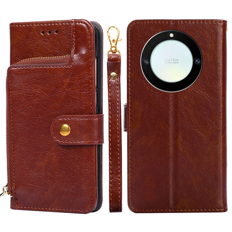 

For Honor X40 Zipper Bag Leather Phone Case(Brown)