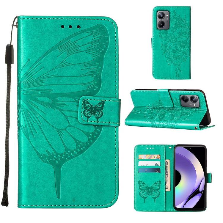 

For Realme 10 Pro 5G Embossed Butterfly Leather Phone Case(Green)