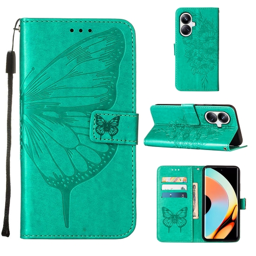 

For Realme 10 Pro+ 5G Embossed Butterfly Leather Phone Case(Green)