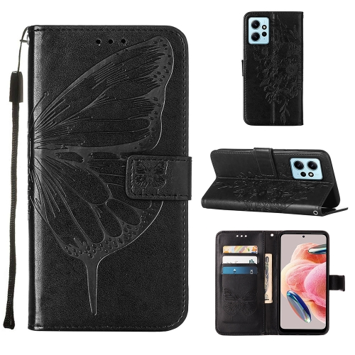 

For Xiaomi Redmi Note 12 4G Global Embossed Butterfly Leather Phone Case(Black)