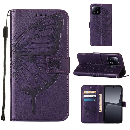 

For Xiaomi 13 Embossed Butterfly Leather Phone Case(Dark Purple)