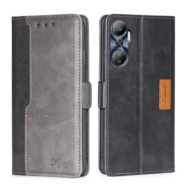 

For Infinix Hot 20 4G Contrast Color Side Buckle Leather Phone Case(Black + Grey)