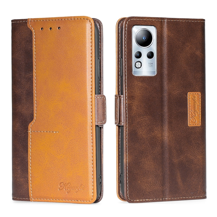

For Infinix Note 11 Contrast Color Side Buckle Leather Phone Case(Dark Brown + Gold)