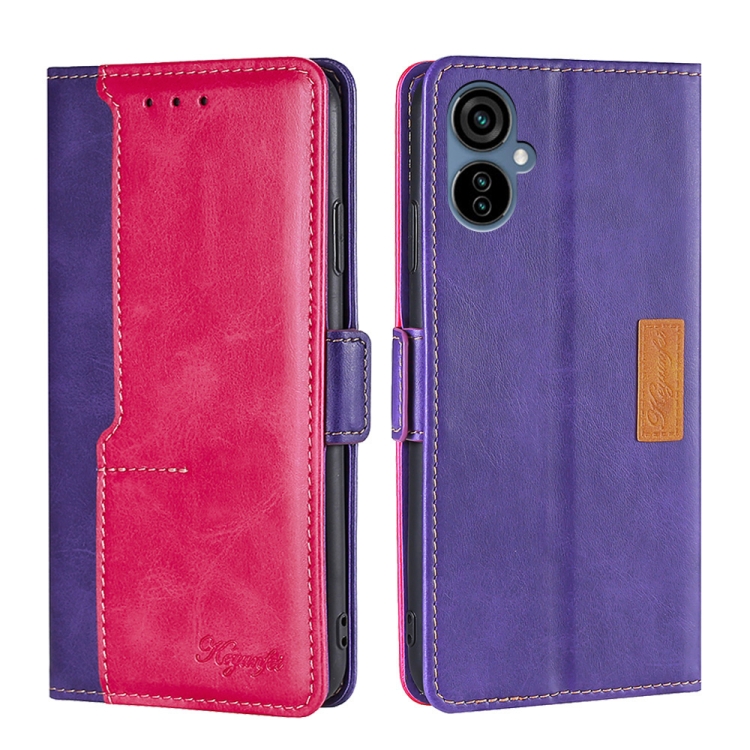 

For Tecno Camon 19 Neo Contrast Color Side Buckle Leather Phone Case(Purple + Rose Red)