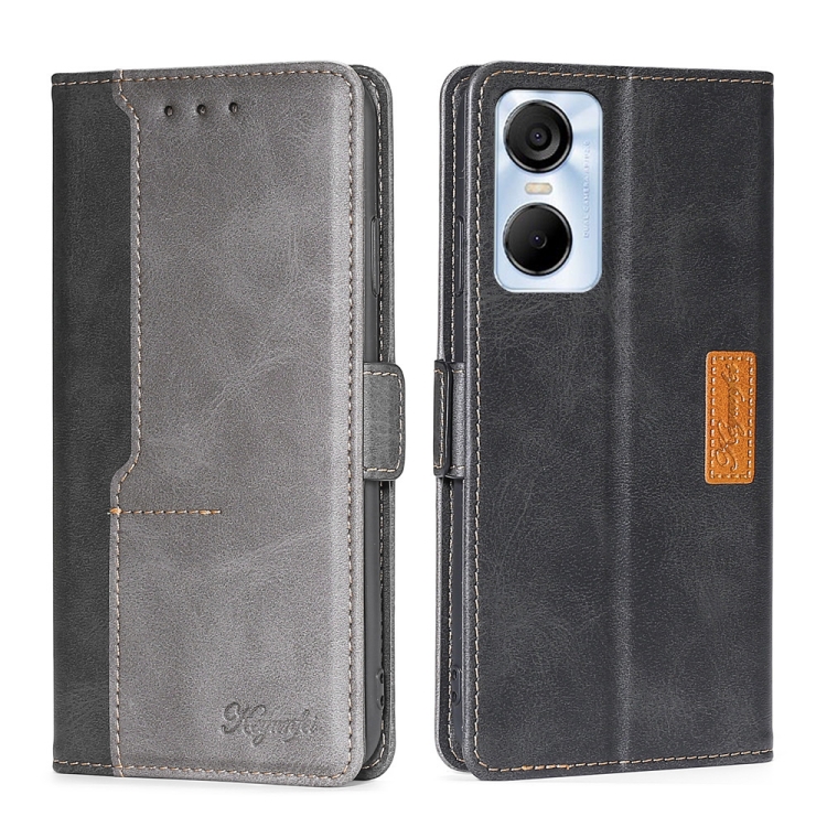 

For Tecno Pop 6 Pro Contrast Color Side Buckle Leather Phone Case(Black + Grey)