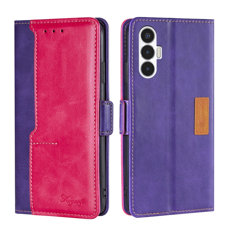 

For Tecno Pova 3 Contrast Color Side Buckle Leather Phone Case(Purple + Rose Red)