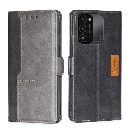 

For Tecno Spark 8C Contrast Color Side Buckle Leather Phone Case(Black + Grey)