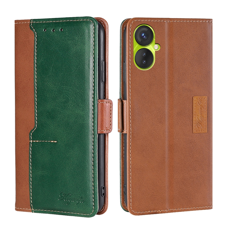 

For Tecno Spark 9 Pro Contrast Color Side Buckle Leather Phone Case(Light Brown + Green)