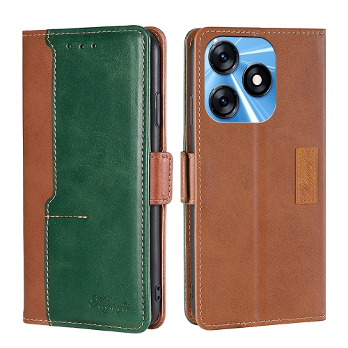 

For Tecno Spark 10 4G Contrast Color Side Buckle Leather Phone Case(Light Brown + Green)