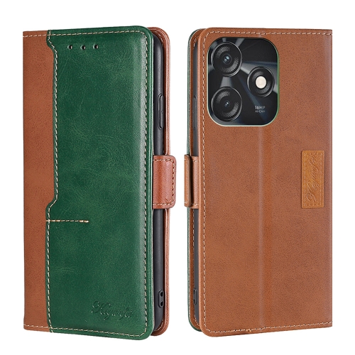 

For Tecno Spark 10C Contrast Color Side Buckle Leather Phone Case(Light Brown + Green)