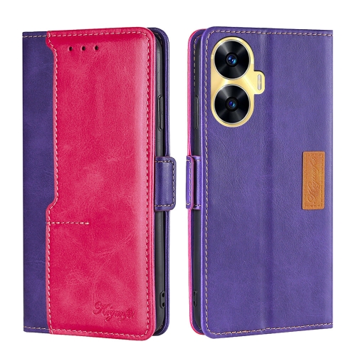 

For Realme C55 Contrast Color Side Buckle Leather Phone Case(Purple + Rose Red)