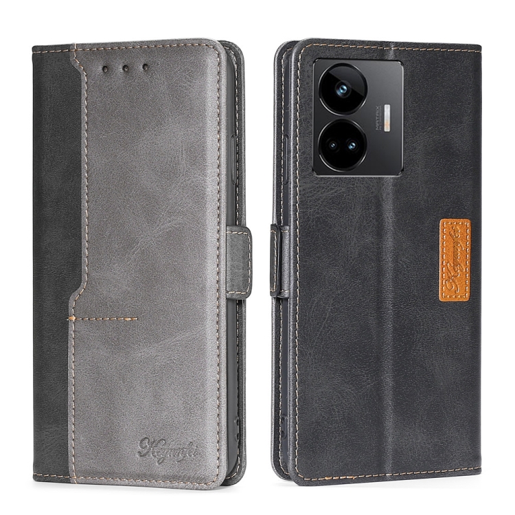 

For Realme GT Neo5 Contrast Color Side Buckle Leather Phone Case(Black + Grey)