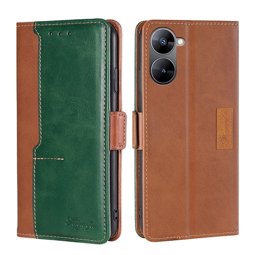 

For Realme V30 5G / V30T Contrast Color Side Buckle Leather Phone Case(Light Brown + Green)