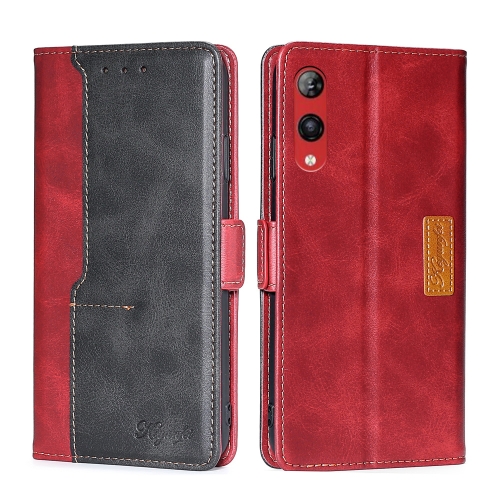 

For Rakuten Hand 4G Contrast Color Side Buckle Leather Phone Case(Red + Black)