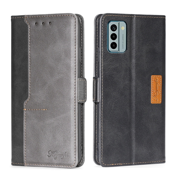 

For Nokia G22 Contrast Color Side Buckle Leather Phone Case(Black + Grey)