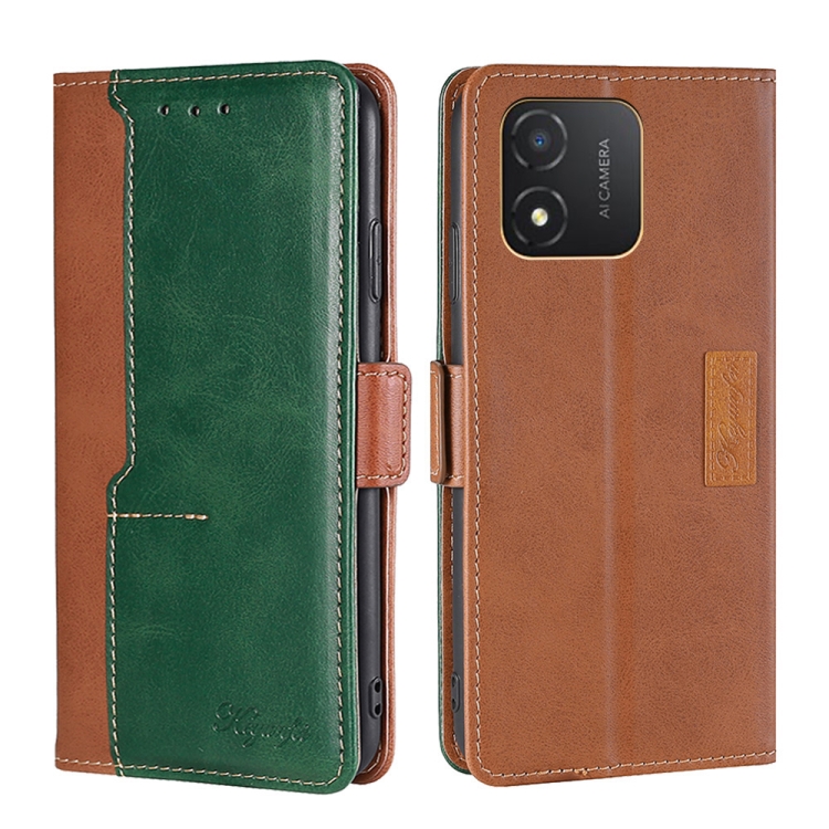 

For Honor X5 4G Contrast Color Side Buckle Leather Phone Case(Light Brown + Green)