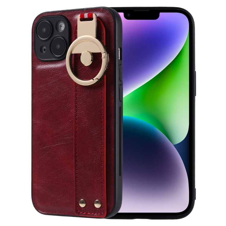 

For iPhone 14 Plus Wristband Leather Back Phone Case(Red)