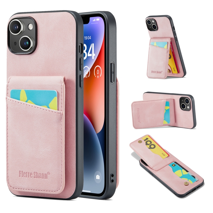 

For iPhone 14 Plus Fierre Shann Crazy Horse Card Holder Back Cover PU Phone Case(Pink)