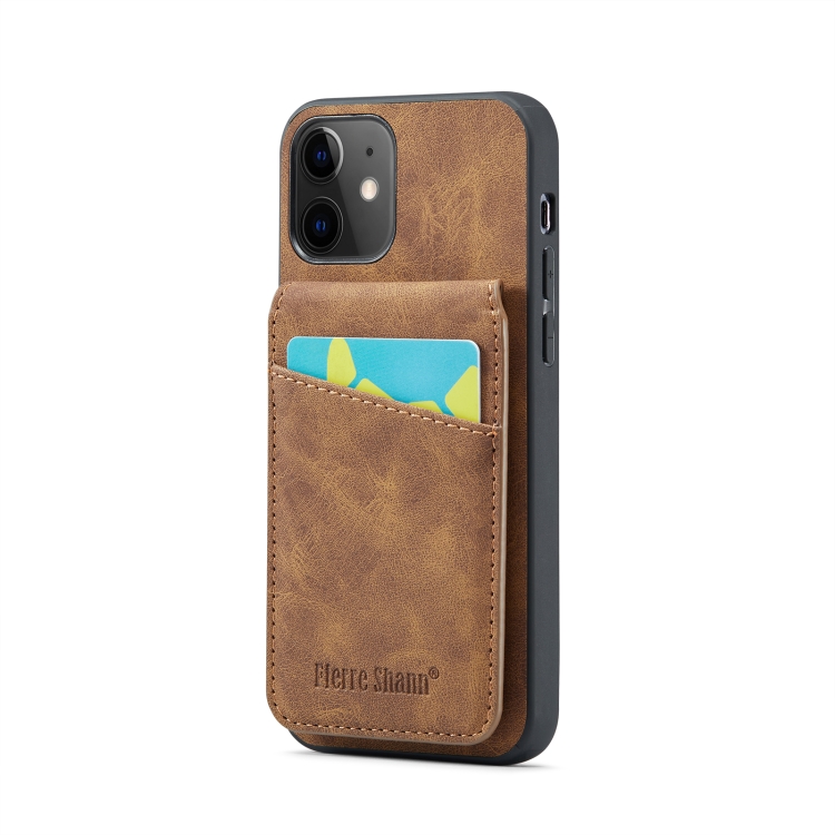 

For iPhone 11 Fierre Shann Crazy Horse Card Holder Back Cover PU Phone Case(Brown)