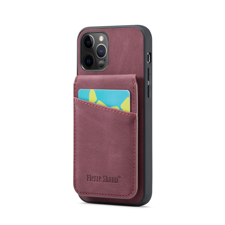 

For iPhone 11 Pro Fierre Shann Crazy Horse Card Holder Back Cover PU Phone Case(Wine Red)
