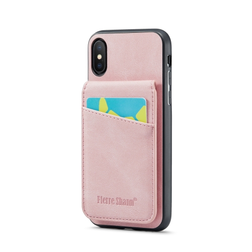 

For iPhone XR Fierre Shann Crazy Horse Card Holder Back Cover PU Phone Case(Pink)