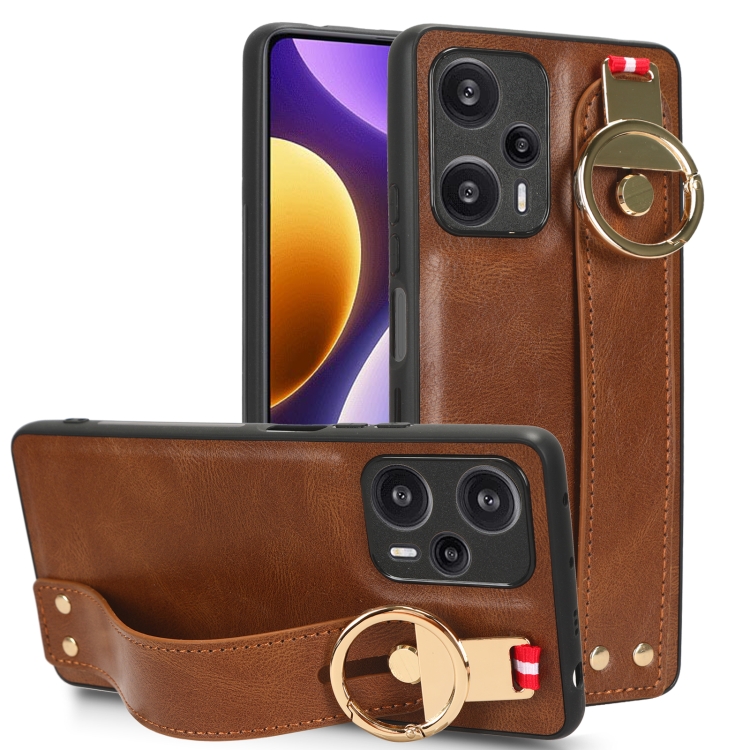 

For Xiaomi Redmi Note 12 Turbo Wristband Leather Back Phone Case(Brown)