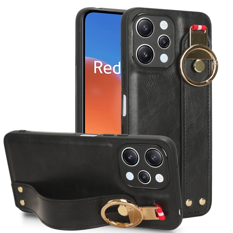 

For Xiaomi Redmi 12 4G Wristband Leather Back Phone Case(Black)