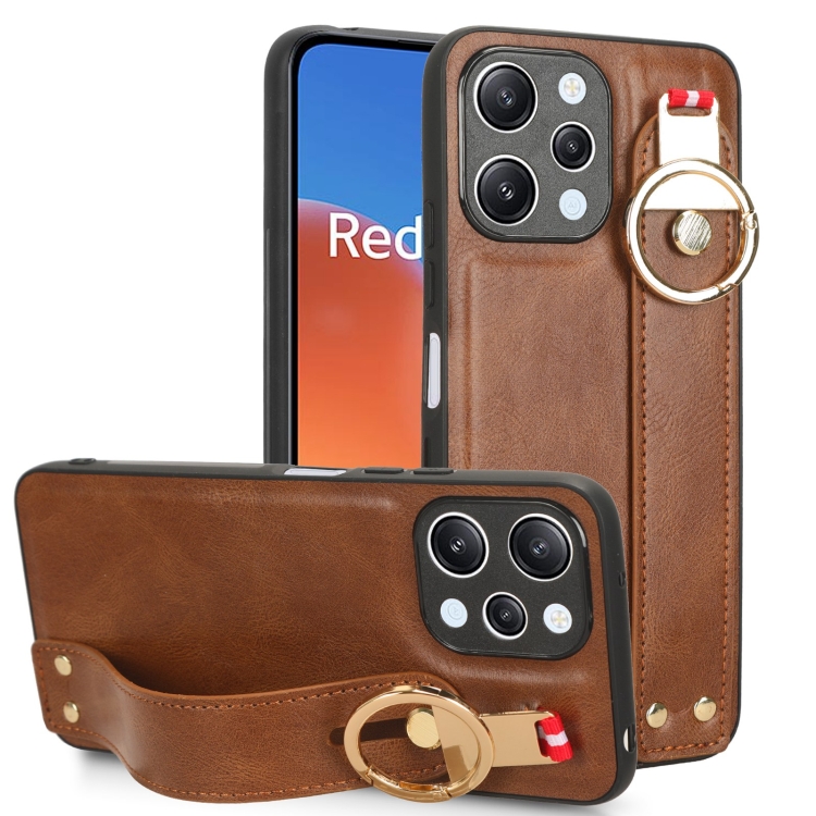 

For Xiaomi Redmi 12 4G Wristband Leather Back Phone Case(Brown)