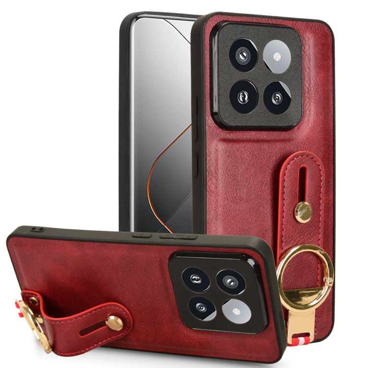 

For Xiaomi 14 Pro Wristband Leather Back Phone Case(Red)