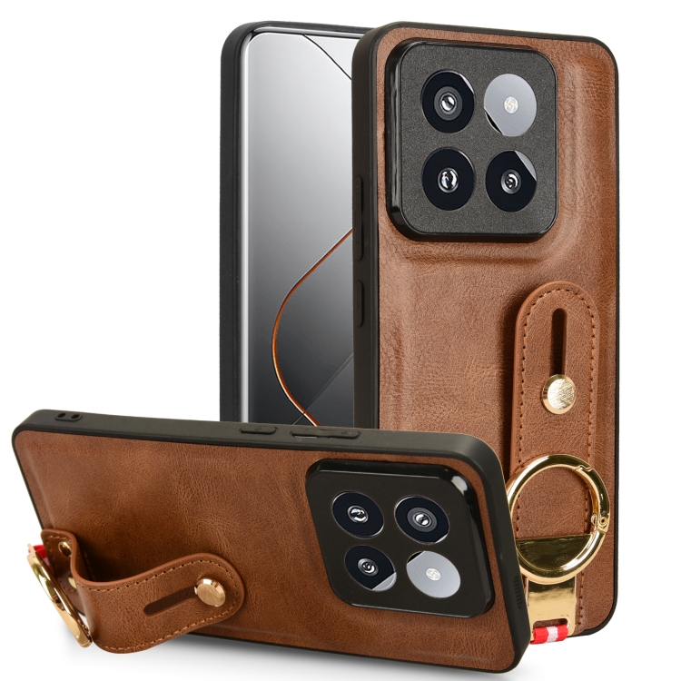 

For Xiaomi 14 Pro Wristband Leather Back Phone Case(Brown)
