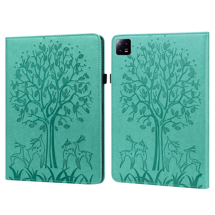 

For Xiaomi Pad 6 / Pad 6 Pro Tree & Deer Embossed Leather Tablet Case(Green)