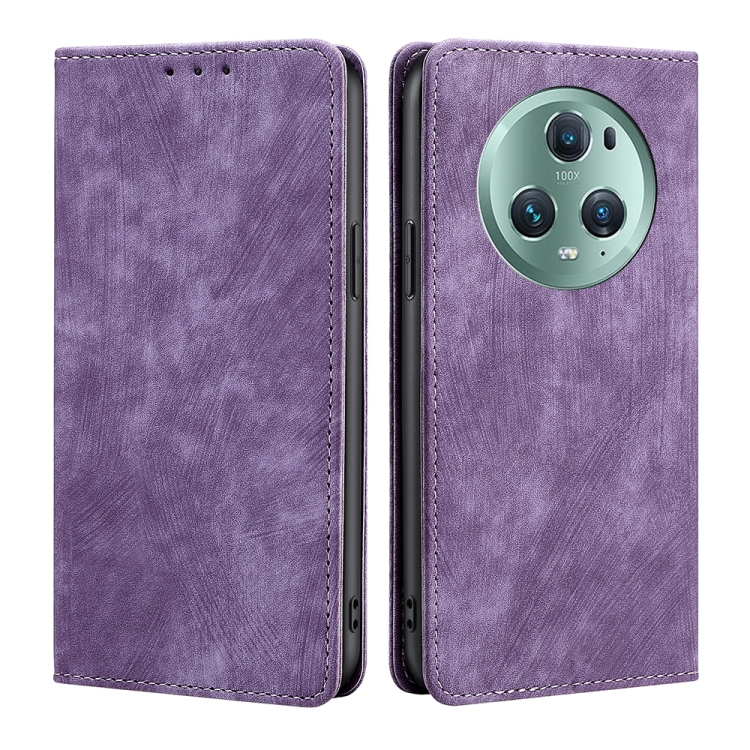 

For Honor Magic5 Pro RFID Anti-theft Brush Magnetic Leather Phone Case(Purple)