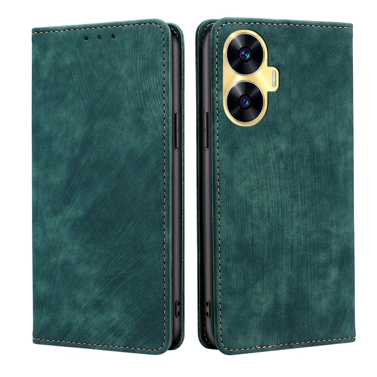 

For Realme C55 4G RFID Anti-theft Brush Magnetic Leather Phone Case(Green)