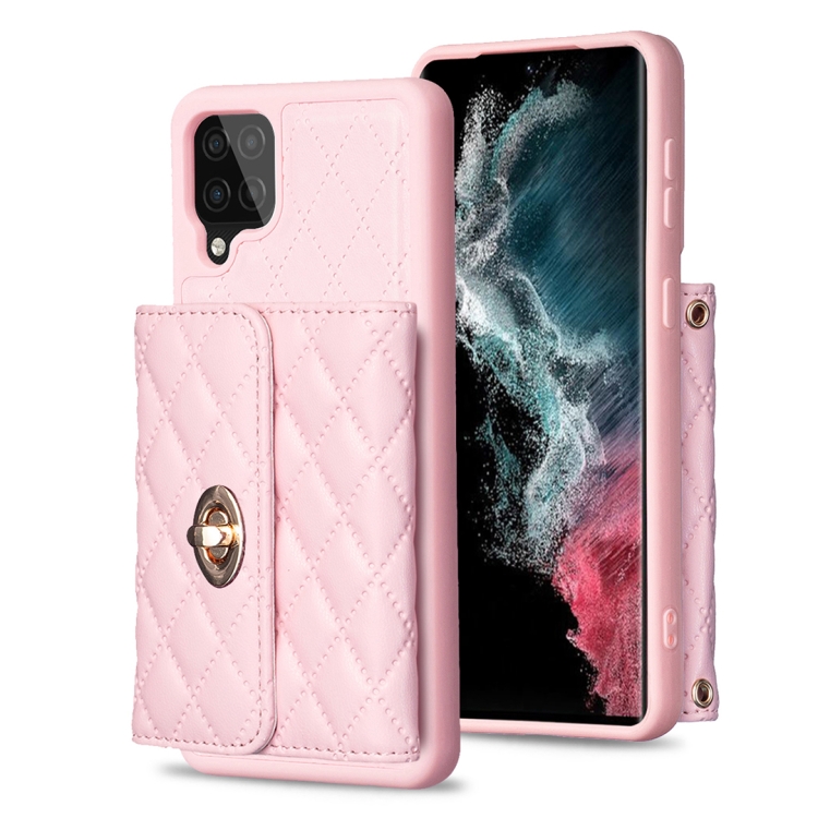 

For Samsung Galaxy A12 Horizontal Metal Buckle Wallet Rhombic Leather Phone Case(Pink)